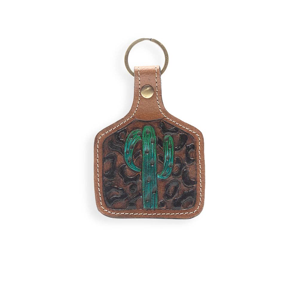 Saguaro Cactus Hand-tooled Leather Keychain